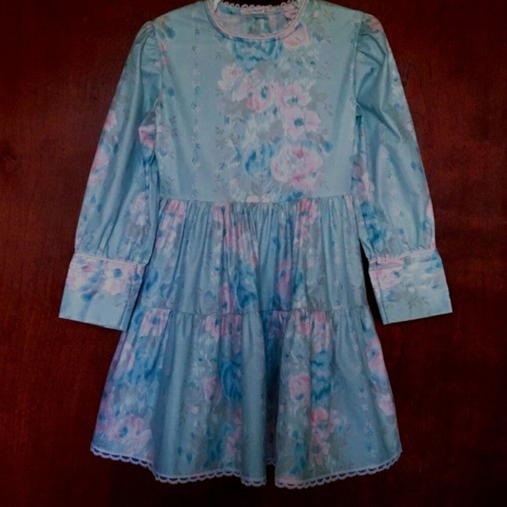 Vintage 1980s Girls Size 6 Sandy's Girls Spring Dress w/ Lace Trim/Satin Piping